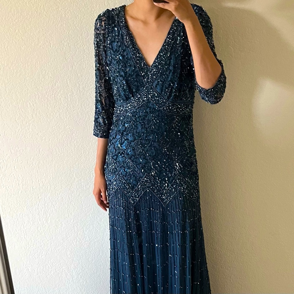 Pisarro Nights blue beaded evening gown